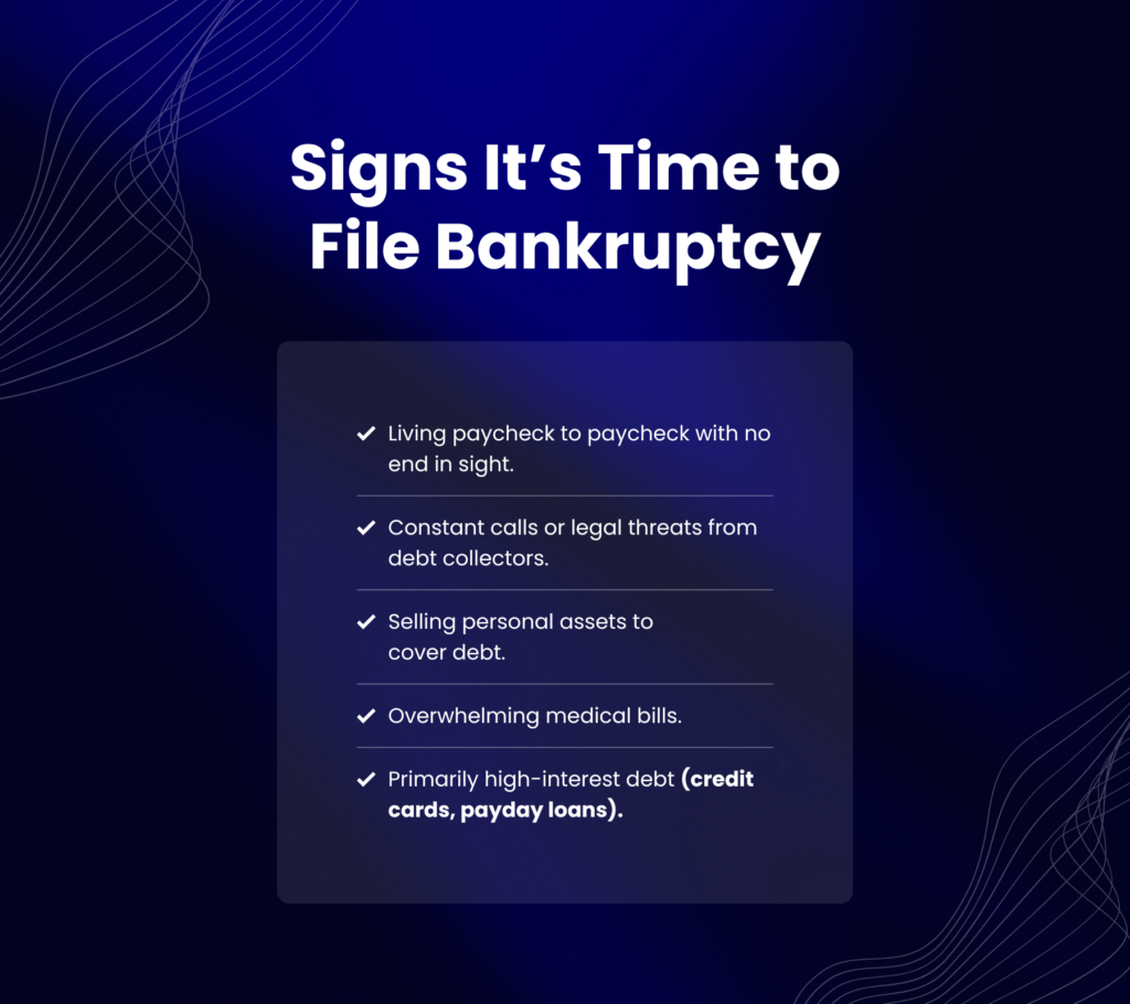 Checklist-style graphic of common signs it’s time to consider bankruptcy.